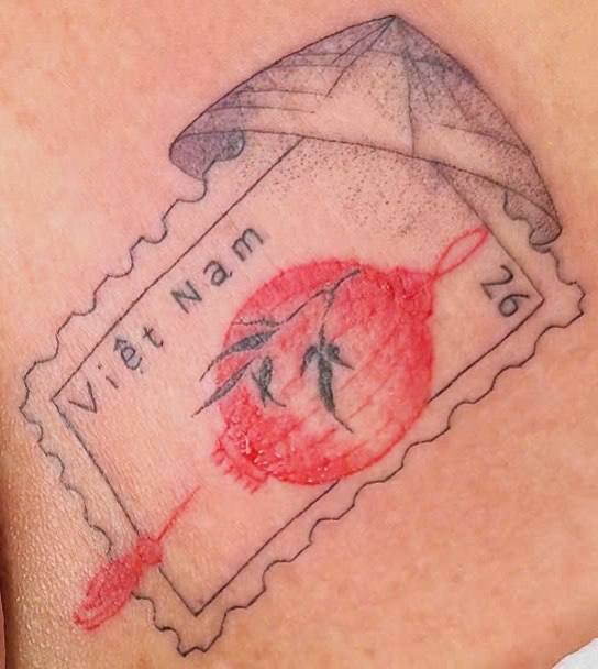Vietnam postage stamp fine-line tattoo - Sisters Ink Tattoo Studio Da Nang